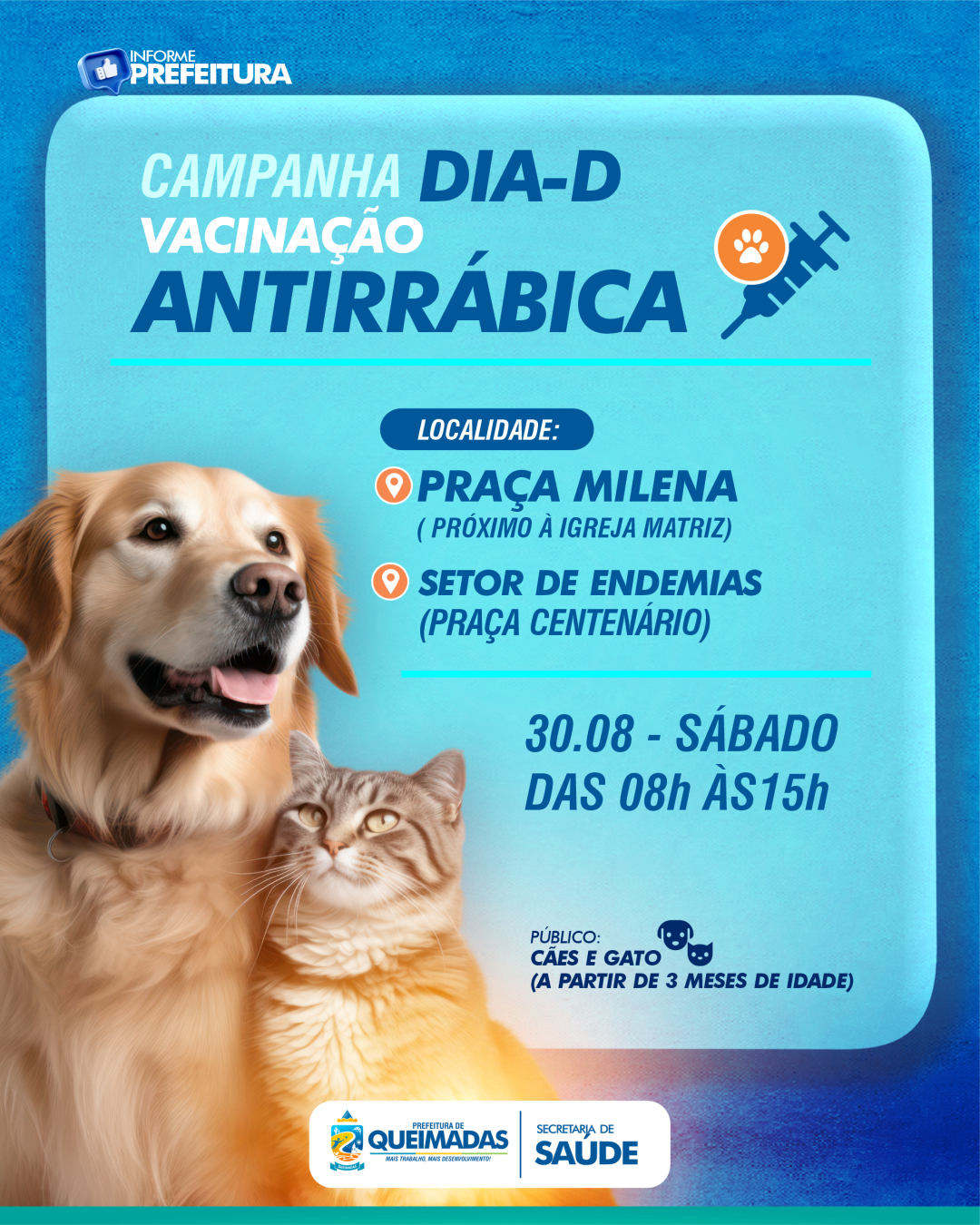 Secretaria de Saúde de Queimadas realizará Dia "D" de Vacinação Antirrábica na sede do município