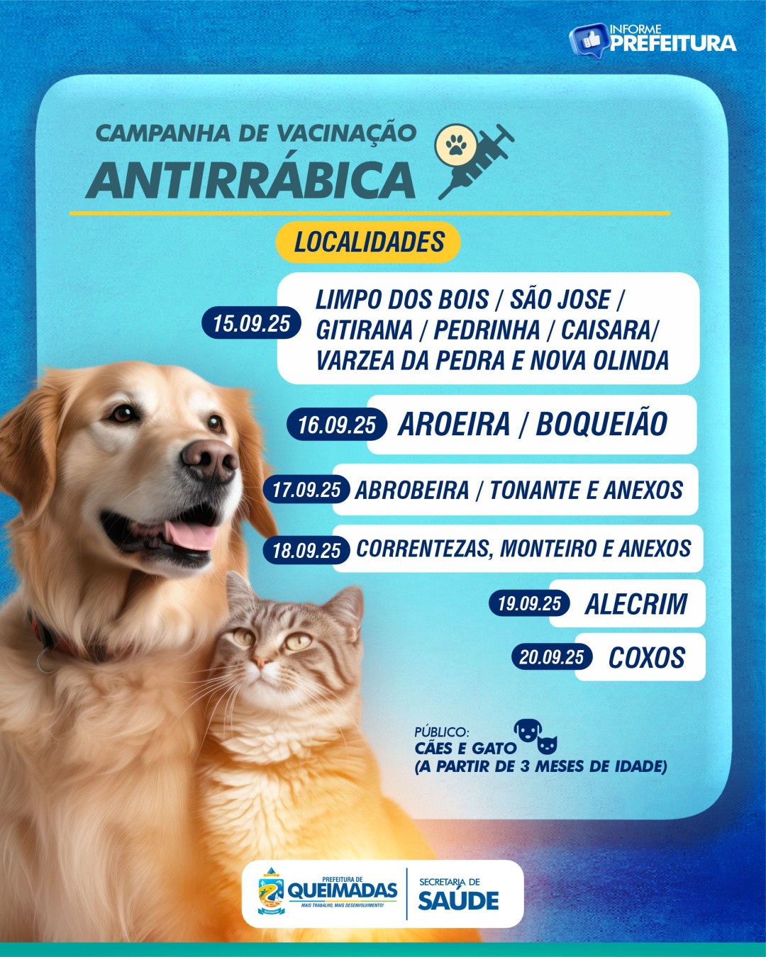 CAMPANHA DE VACINAÇÃO ANTIRRÁBICA: CONFIRA O CRONOGRAMA DE VACINAÇÃO ITINERANTE DE 15 A 20 DE SETEMBRO EM QUEIMADAS
