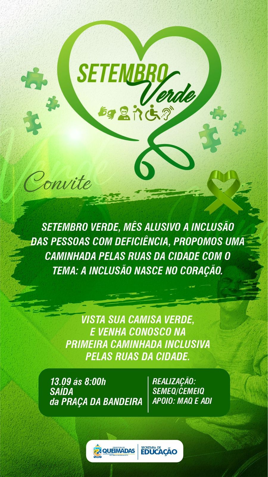 CEMEIQ convida comunidade queimadense para a 1ª Caminhada Inclusiva Setembro Verde em Queimadas - neste sábado (13/09)