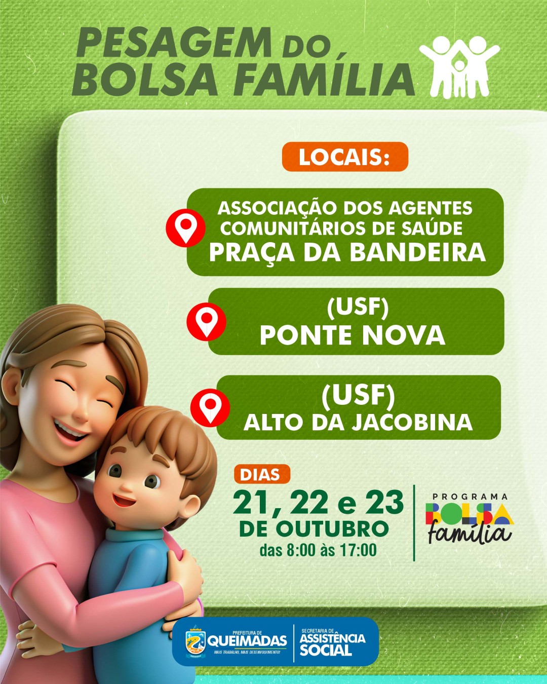 INFORMATIVO PBS: Pesagem do Bolsa Família na sede do município será realizada entre os dias 21 e 23 de outubro