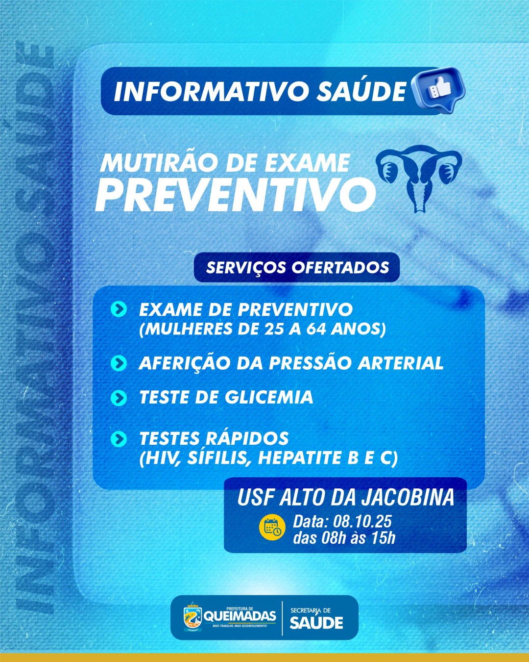 Secretaria de Saúde realizará Mutirão de Exames Preventivos na USF Alto da Jacobina nesta quarta-feira (08/10)
