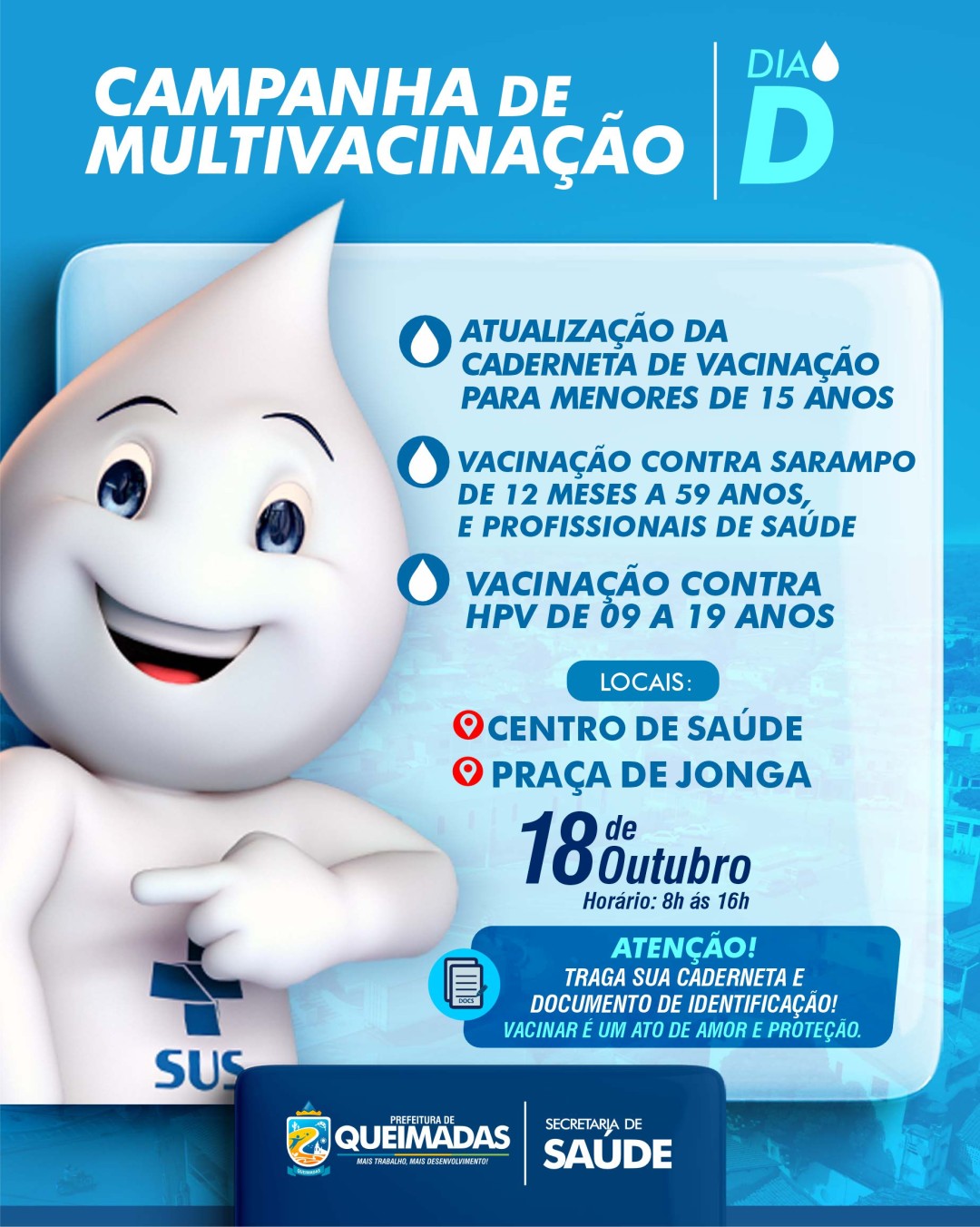 Prefeitura realizará Dia D da Campanha de Multivacinação na Sede do município neste sábado (18/10)