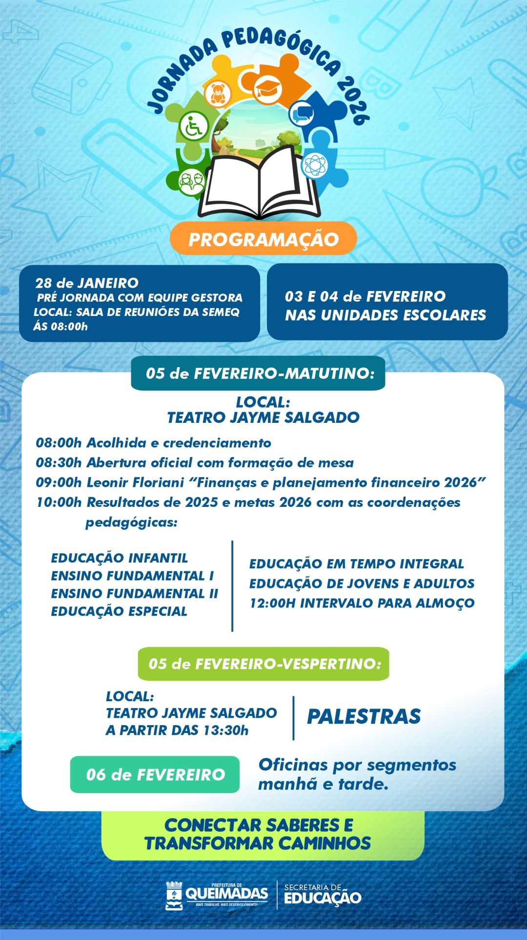 Jornada Pedagógica 2026 começa em 28 de janeiro e segue até 6 de fevereiro em Queimadas