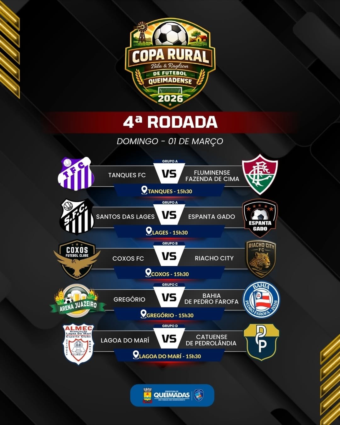 Copa Rural de Futebol Queimadense 2026: 4ª rodada promete fortes emoções - CONFIRA OS JOGOS DESTE DOMINGO (01/03)