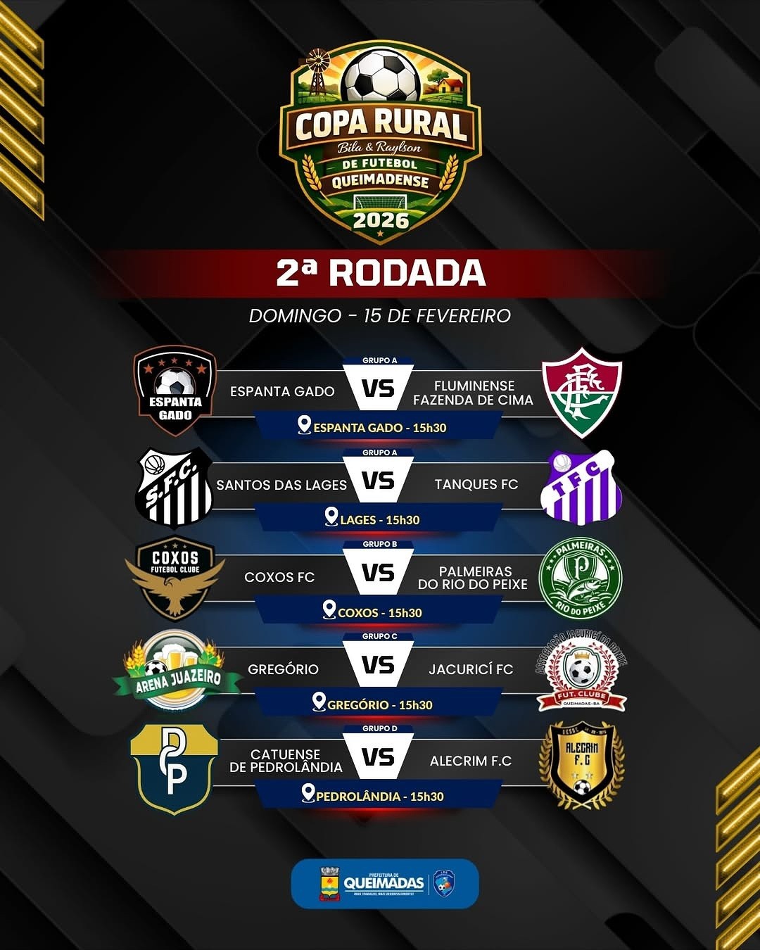 Copa Rural de Futebol Queimadense 2026: Segunda rodada – CONFIRA OS JOGOS DESTE DOMINGO 15/02