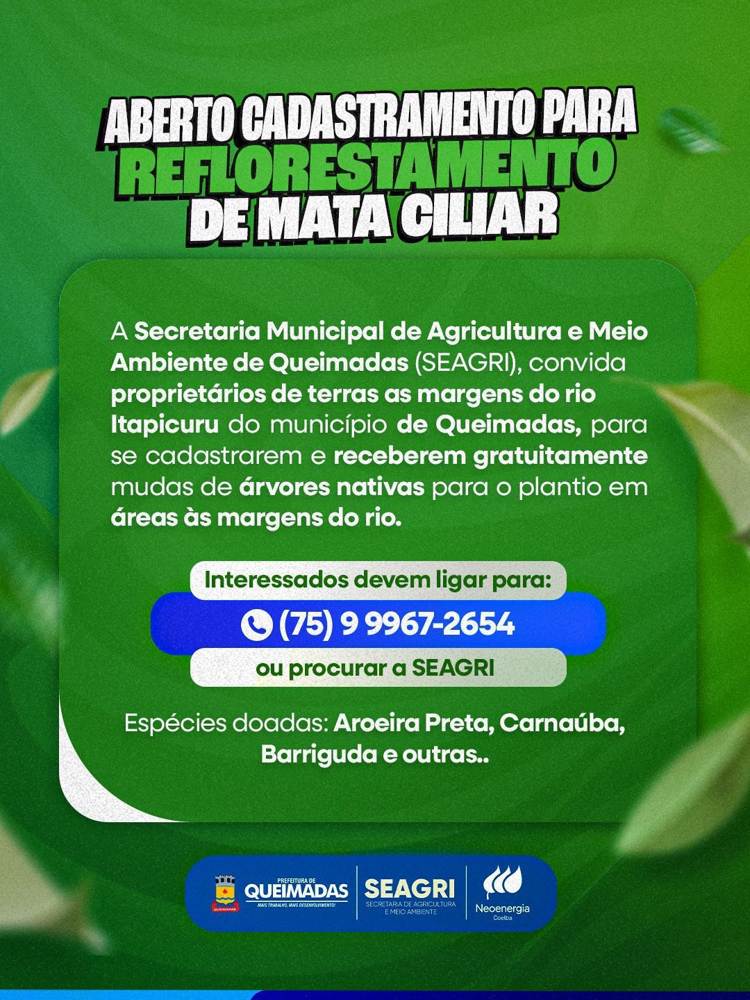 Aberto Cadastramento para Reflorestamento de mata ciliar do Rio Itapicuru