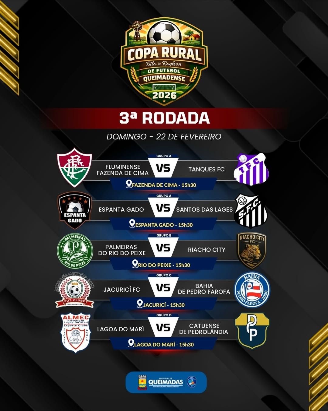 Copa Rural de Futebol Queimadense 2026: Terceira rodada – CONFIRA OS JOGOS DESTE DOMINGO 22/02