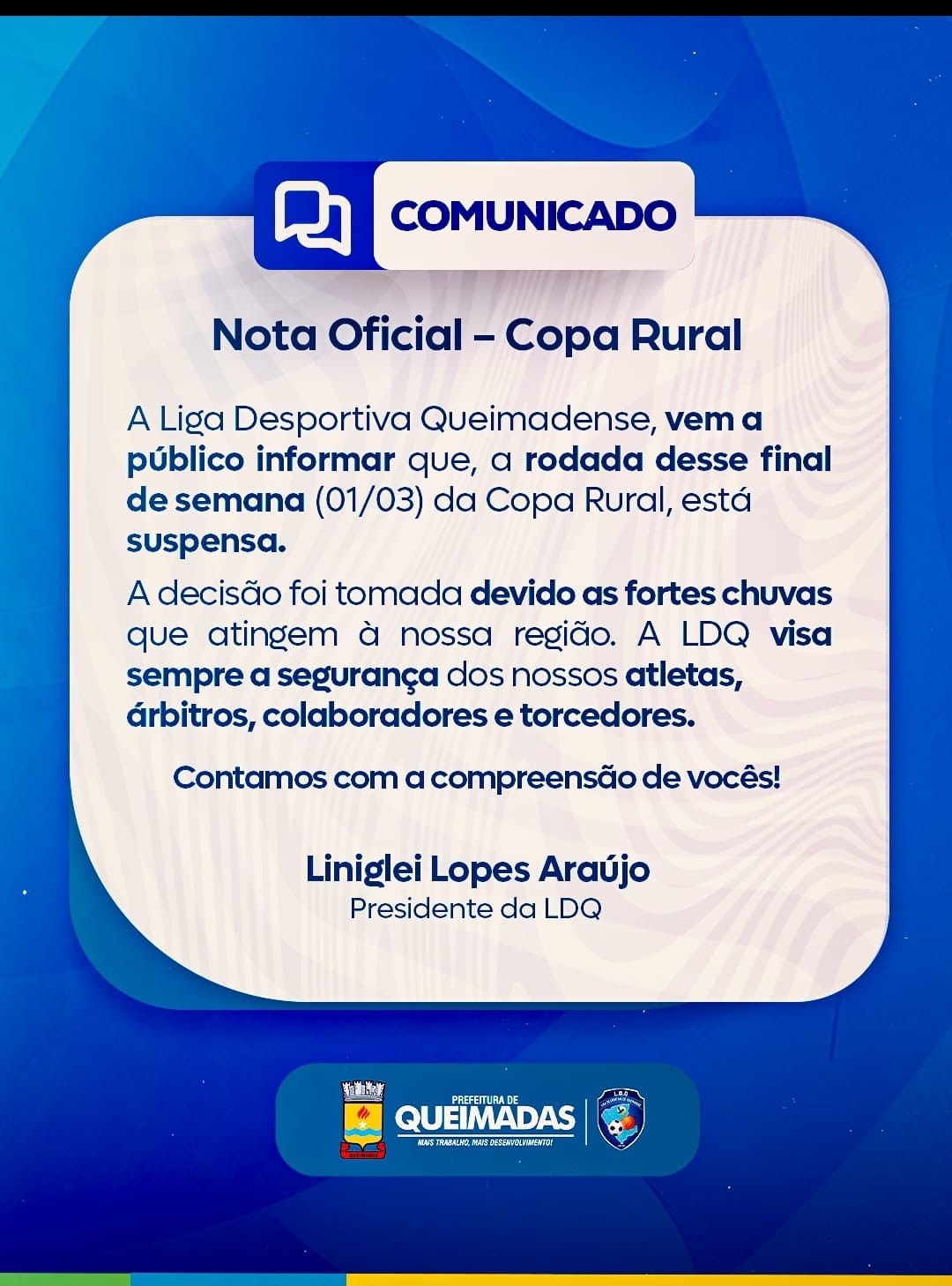 Nota Oficial - Copa Rural: SUSPENSÃO DA 4ª RODADA
